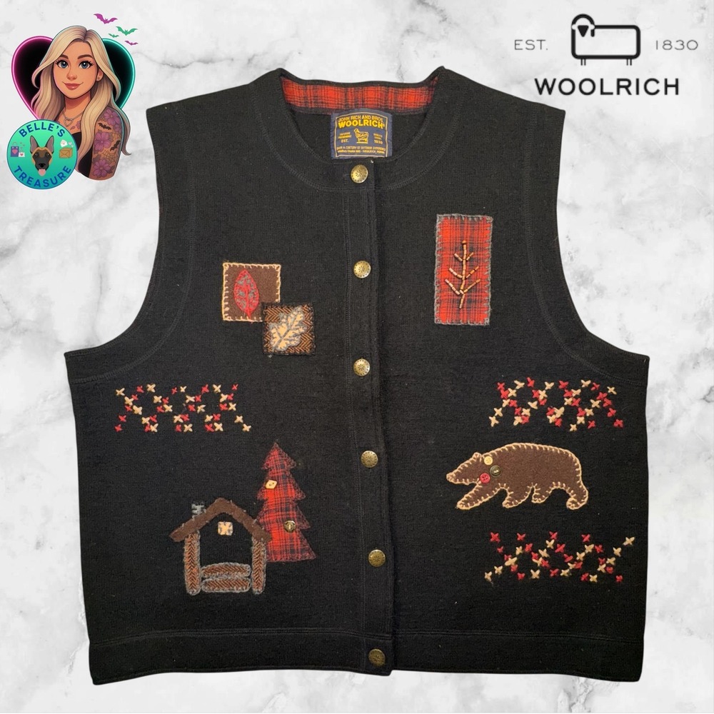 WOOLRICH Black Bear Cabin Tree Embroidered Wool Knit Sweater Vest Women's Large